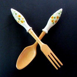 Ceramic & wood yellow floral fork and spoon salad serving pieces - Japan